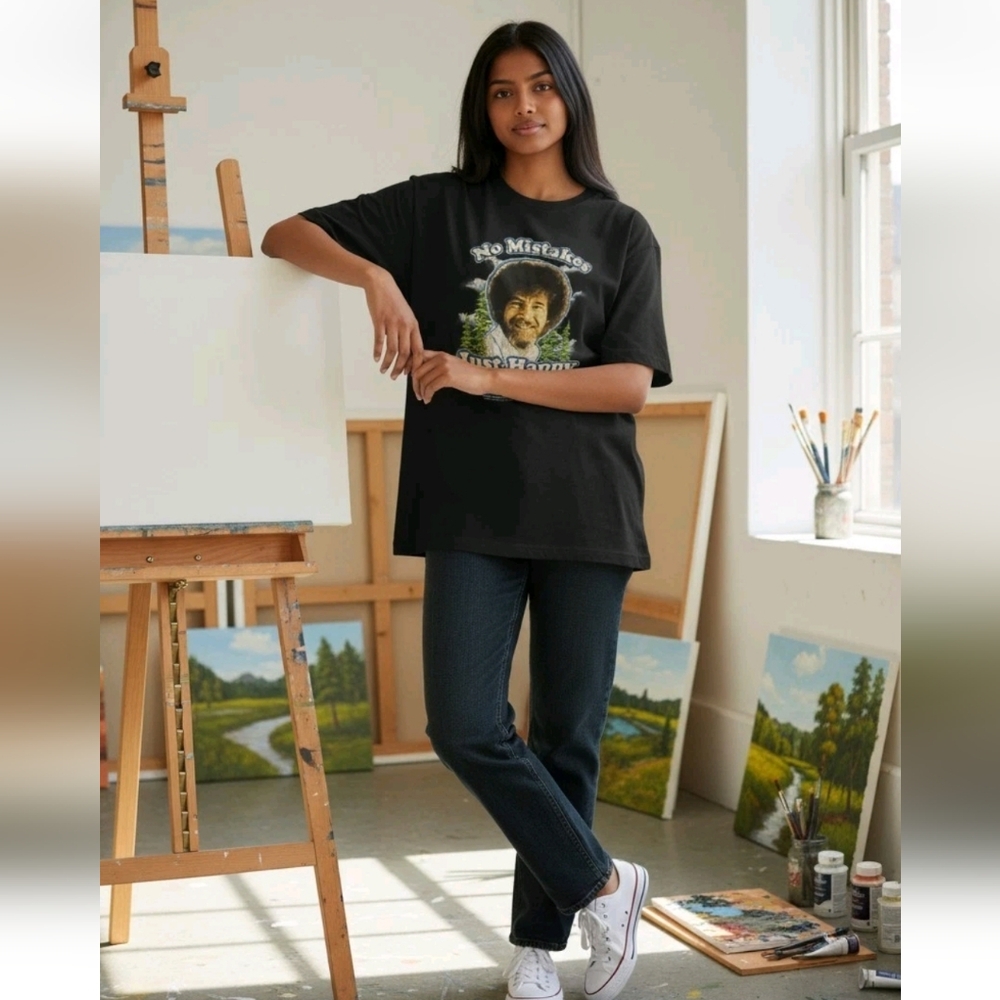 Vintage Distressed Graphic Bob Ross‎ Black Crew Neck T-Shirt, Size Large